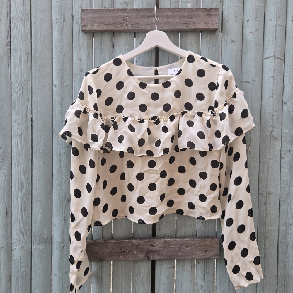 LPA Black and Cream Polka Dot Ruffle Blouse